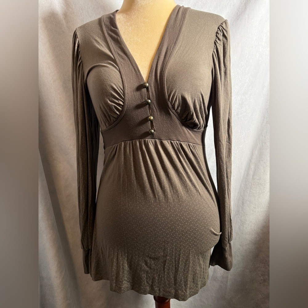 Vertigo Paris Empire Taupe Print Tunic Top Anthropologie Lagenlook Cottage Boho